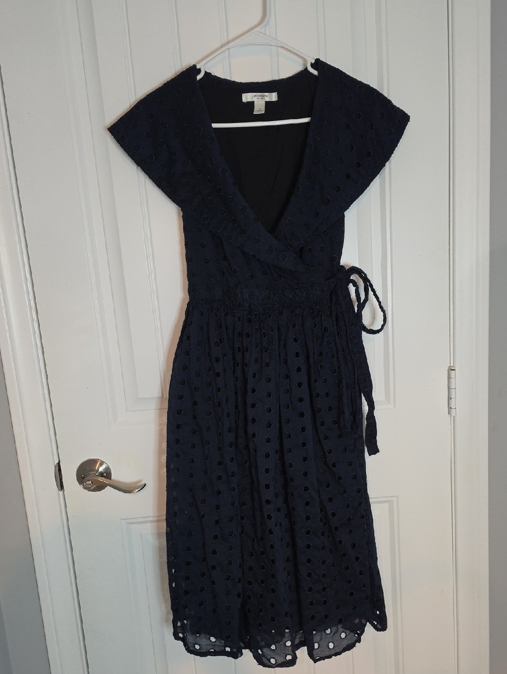 Liz Claiborne Navy Eyelet Wrap Midi Dress with Tie Waist